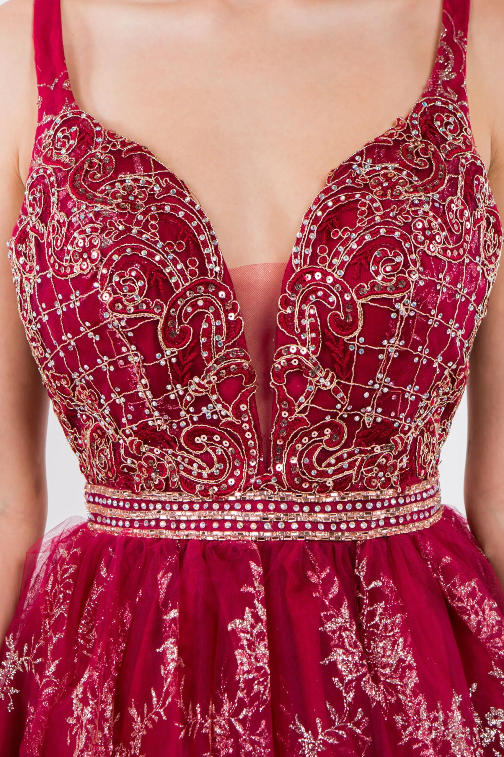 GL 1965 - Short A-Line Homecoming Dress with Beaded Lace Applique V-Neck Bodice & Glitter Print Tulle Skirt