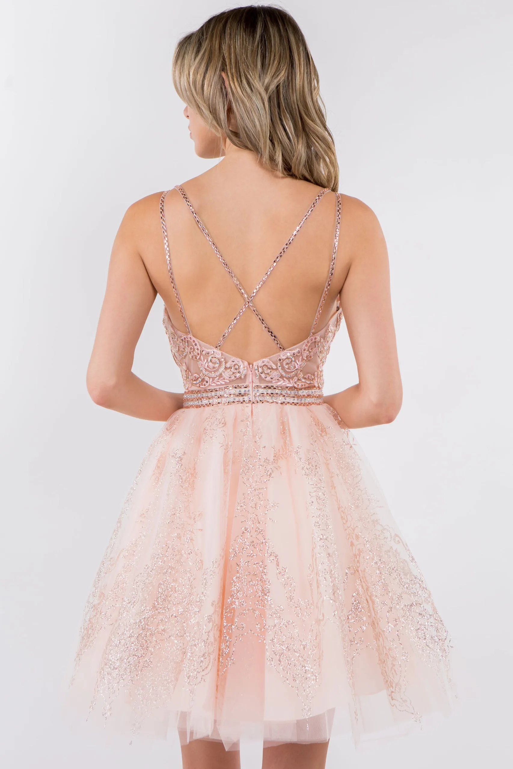 GL 1965 - Short A-Line Homecoming Dress with Beaded Lace Applique V-Neck Bodice & Glitter Print Tulle Skirt