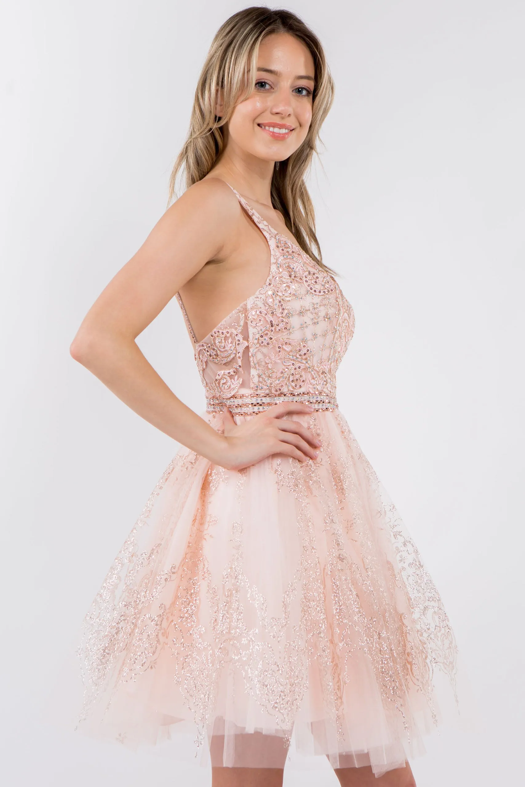 GL 1965 - Short A-Line Homecoming Dress with Beaded Lace Applique V-Neck Bodice & Glitter Print Tulle Skirt