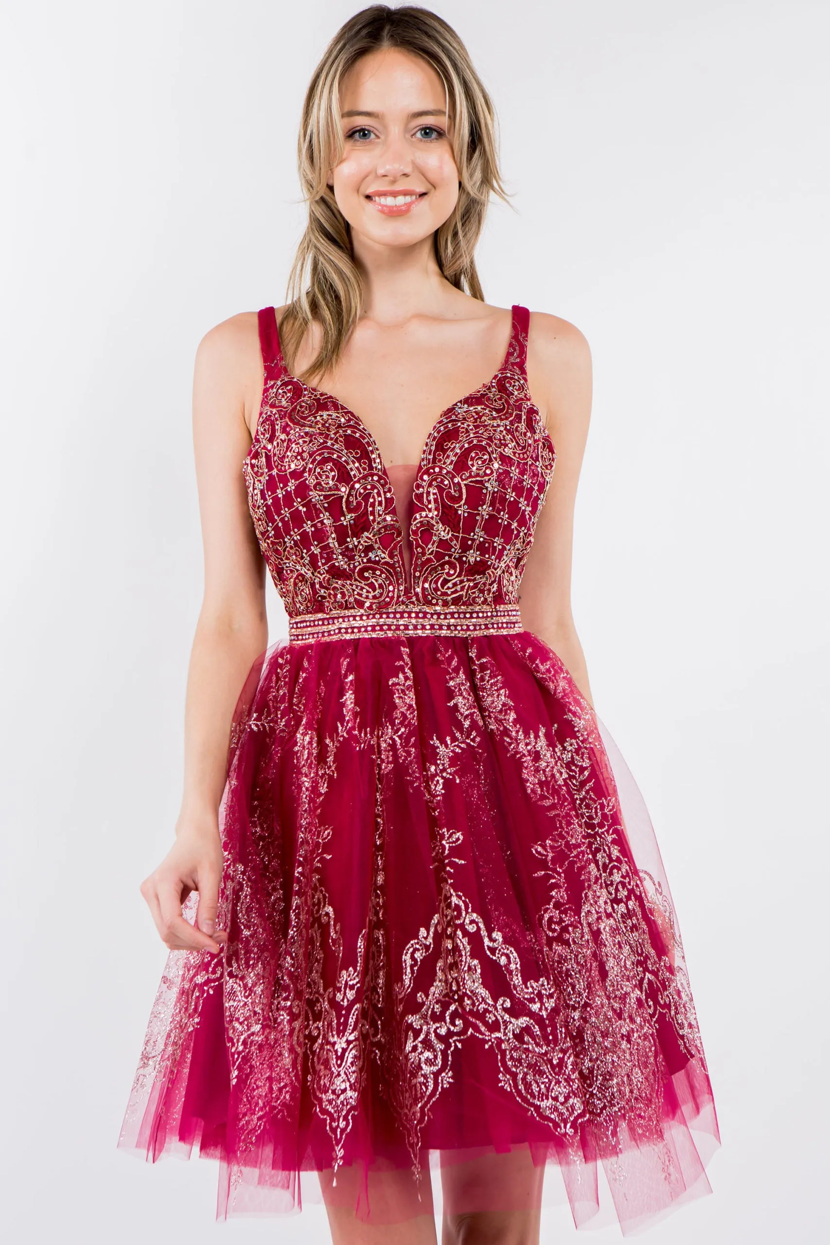 GL 1965 - Short A-Line Homecoming Dress with Beaded Lace Applique V-Neck Bodice & Glitter Print Tulle Skirt