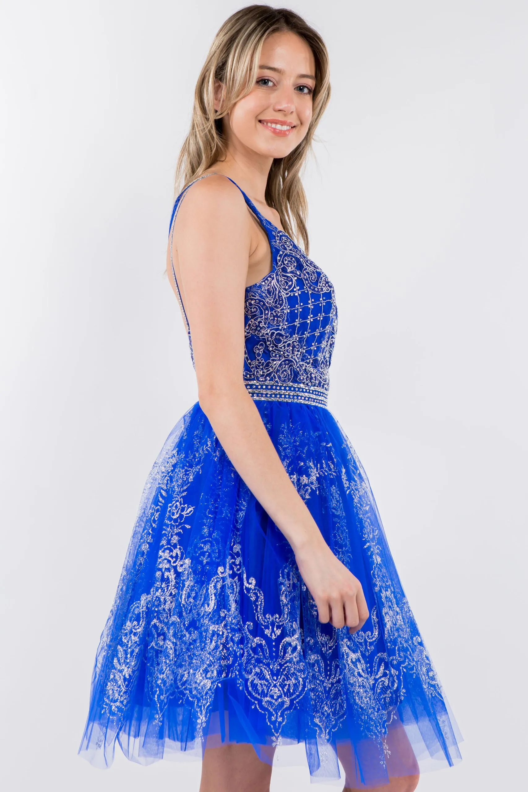 GL 1965 - Short A-Line Homecoming Dress with Beaded Lace Applique V-Neck Bodice & Glitter Print Tulle Skirt