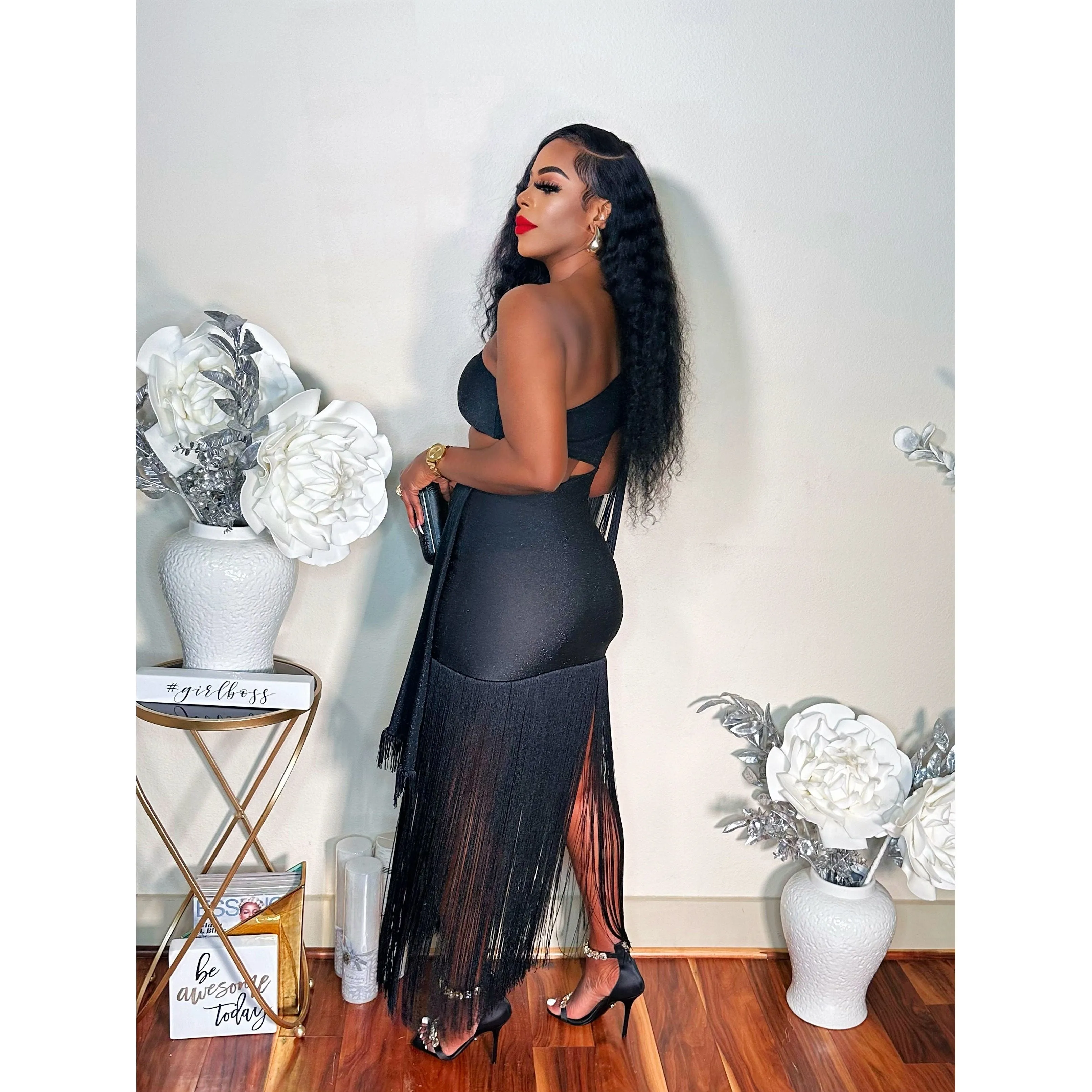 GLITTER AND FRINGES SEDUCTION MIDI DRESS