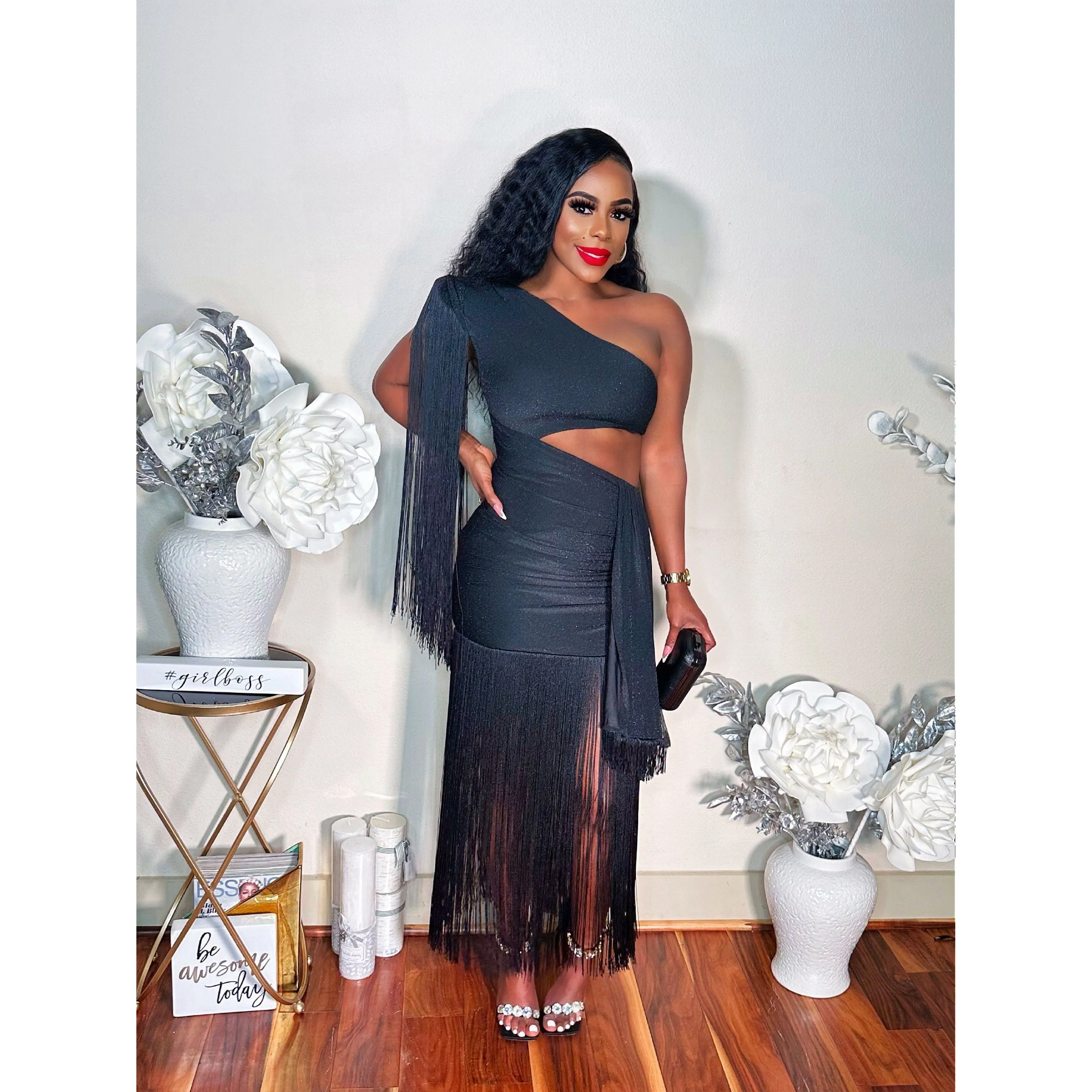 GLITTER AND FRINGES SEDUCTION MIDI DRESS