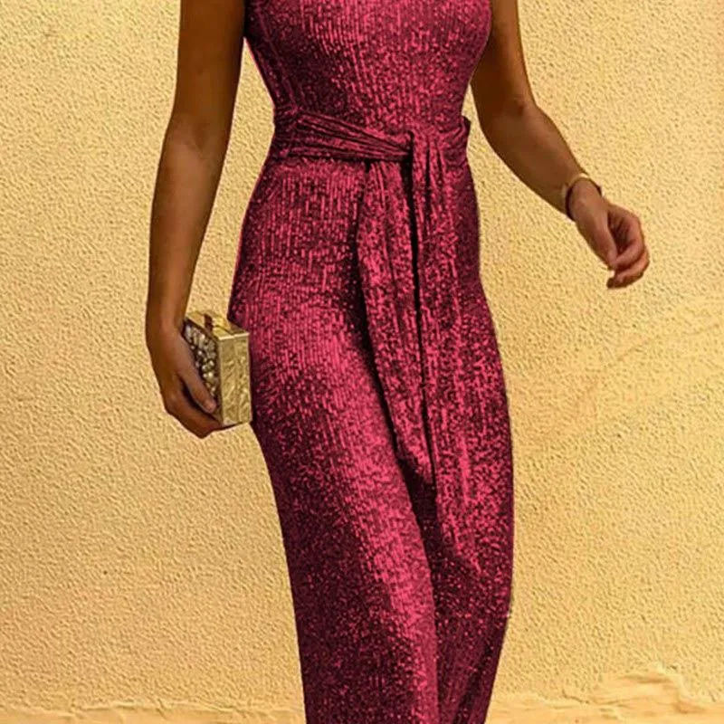 Glitter Round Neck Sleeveless Backless Sequins Jumpsuit