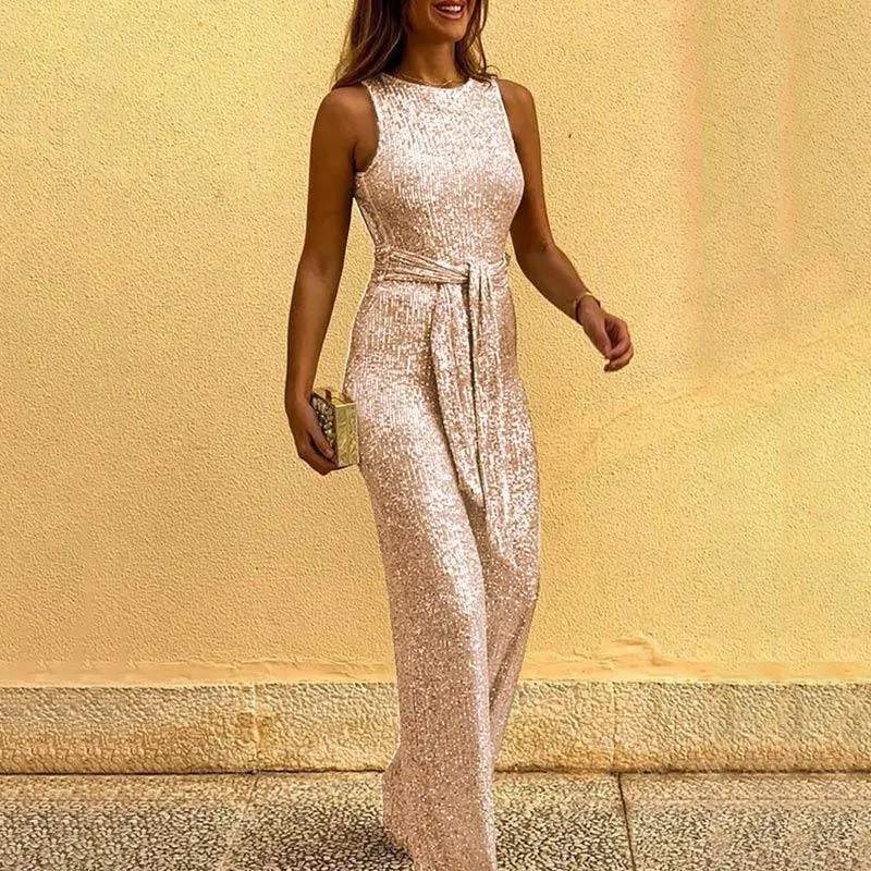 Glitter Round Neck Sleeveless Backless Sequins Jumpsuit