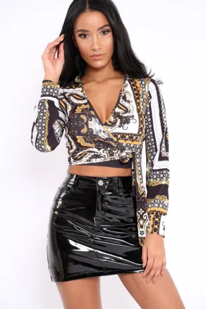 Gold and Black Slinky Wrap Tie Crop Top - Bleu