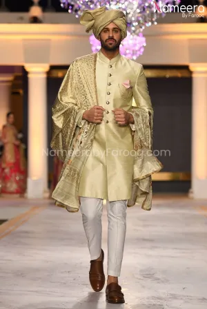 Golden Dulha Sherwani with Raw Silk Shawl #GR45