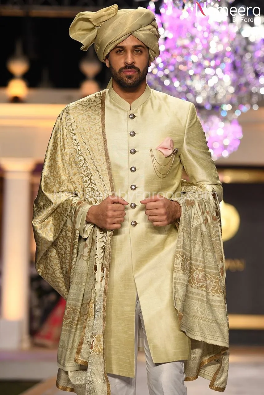 Golden Dulha Sherwani with Raw Silk Shawl #GR45