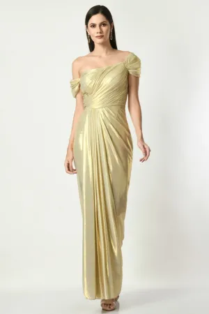 Golden Glitz N Glam - Off Shoulder Draped Gown In Golden Mettalic Color