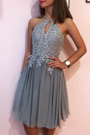 Gray chiffon lace short prom dress gray chiffon lace homecoming dress