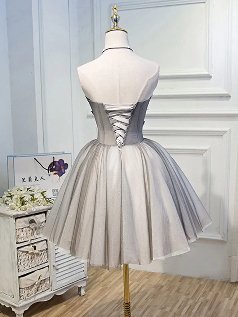 Gray Sweetheart Neck Tulle Lace Short Prom Dress, Cute Homecoming Dress