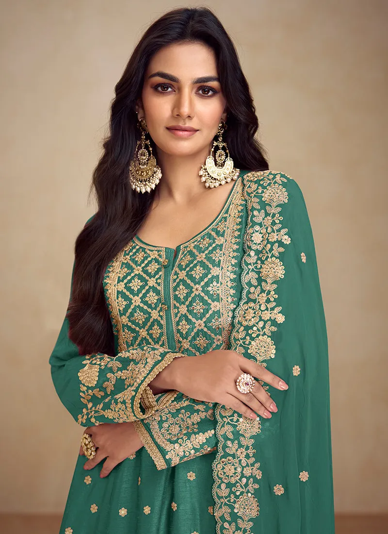 Green Embroidery Anarkali Sharara Suit