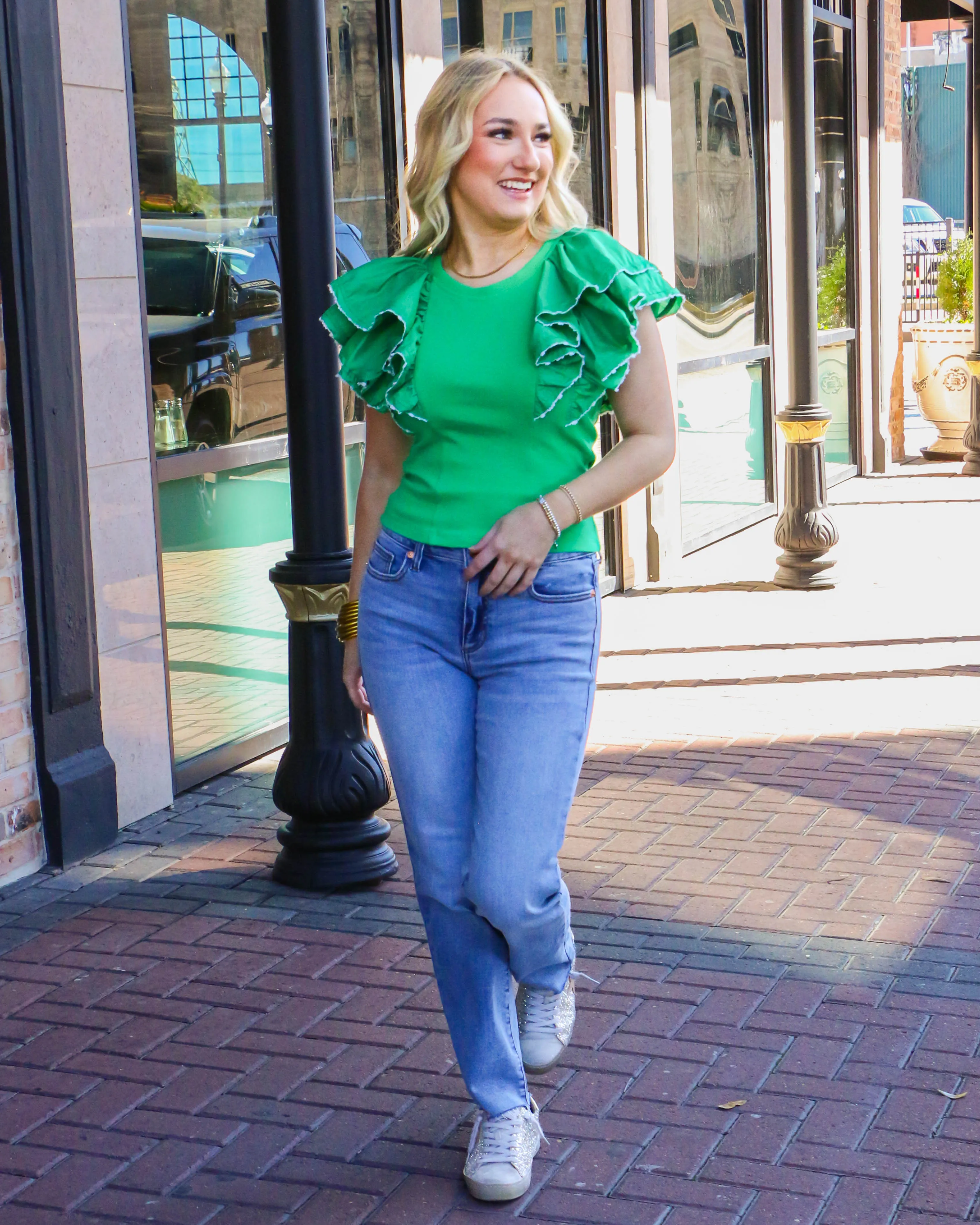 Green Ribbed Top with Double Ruffle Sleeves