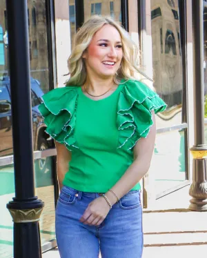 Green Ribbed Top with Double Ruffle Sleeves