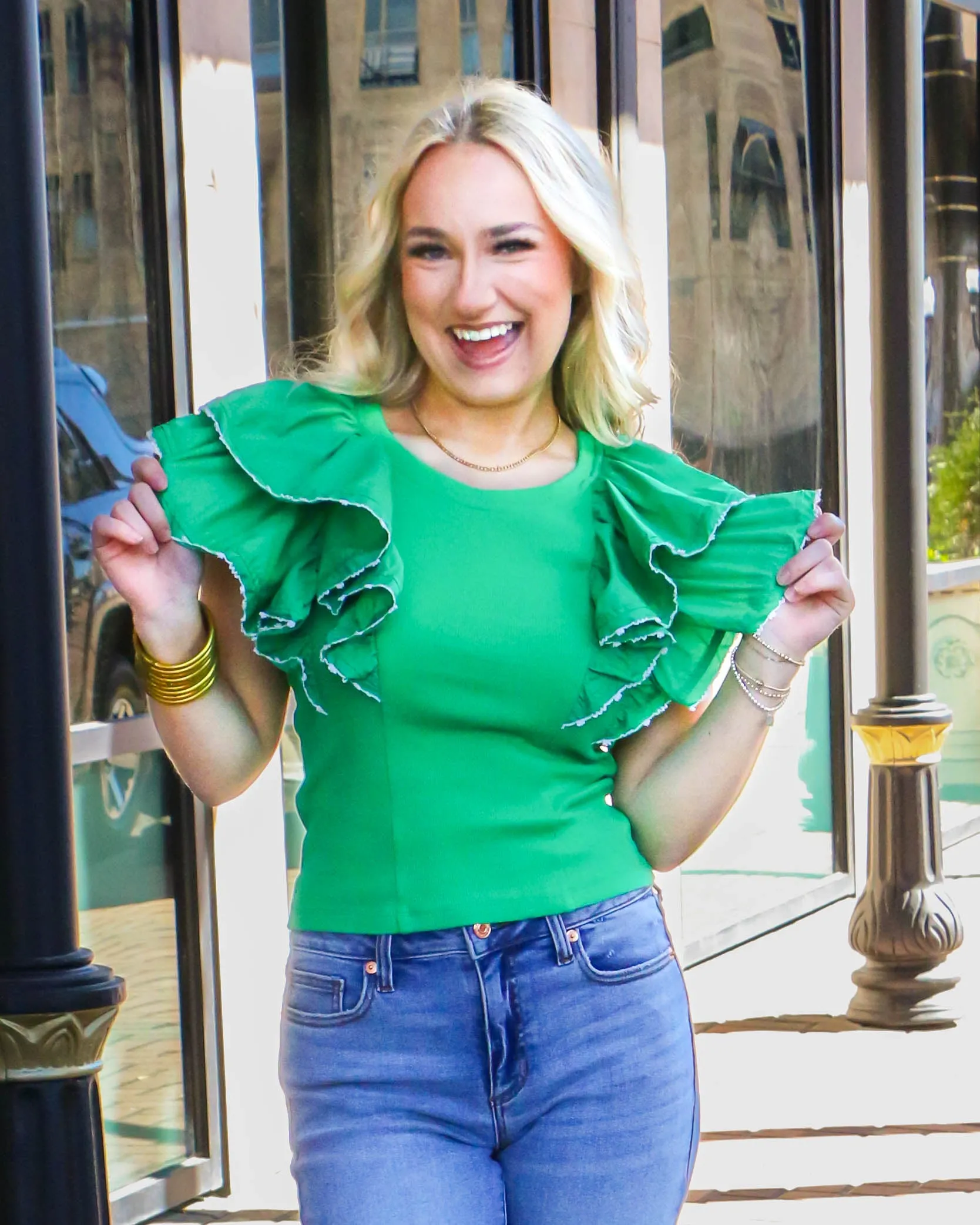Green Ribbed Top with Double Ruffle Sleeves