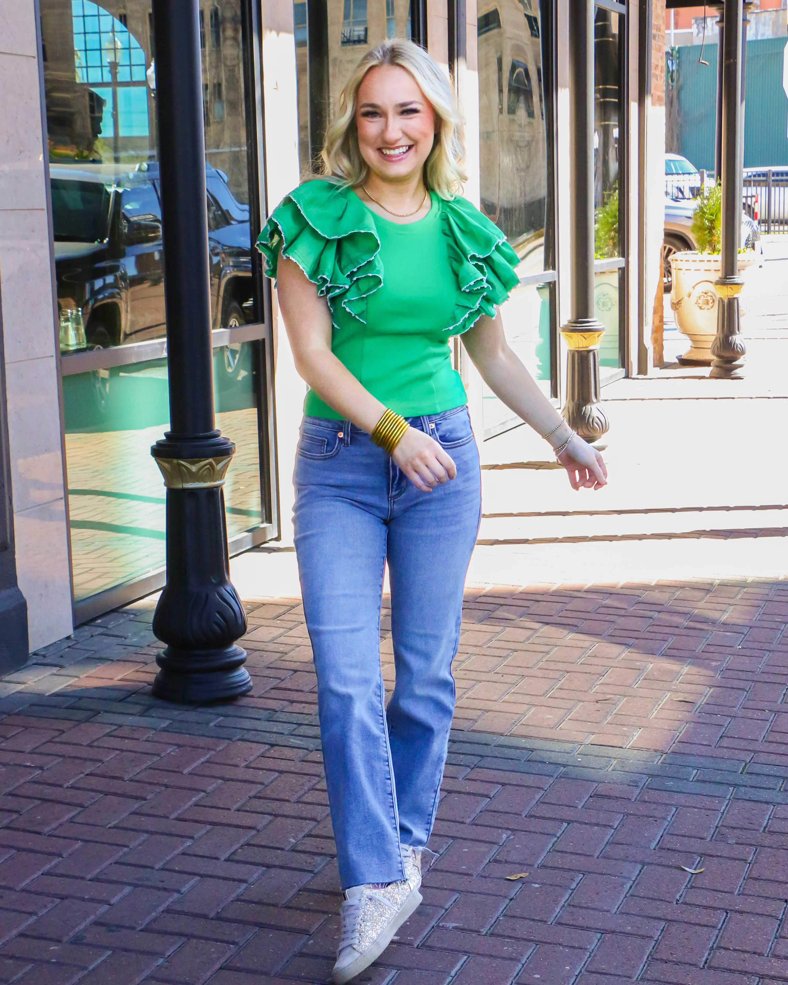 Green Ribbed Top with Double Ruffle Sleeves