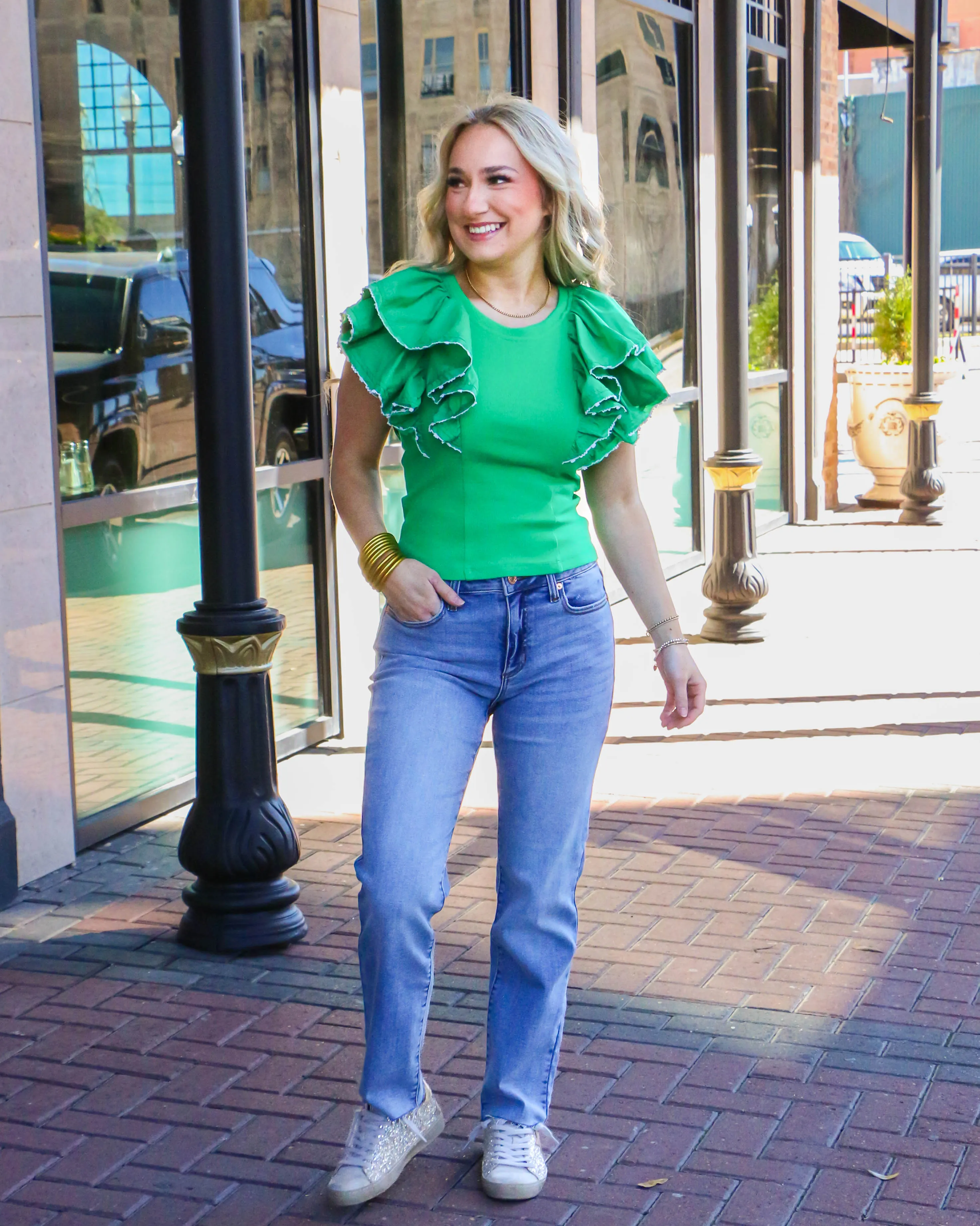 Green Ribbed Top with Double Ruffle Sleeves