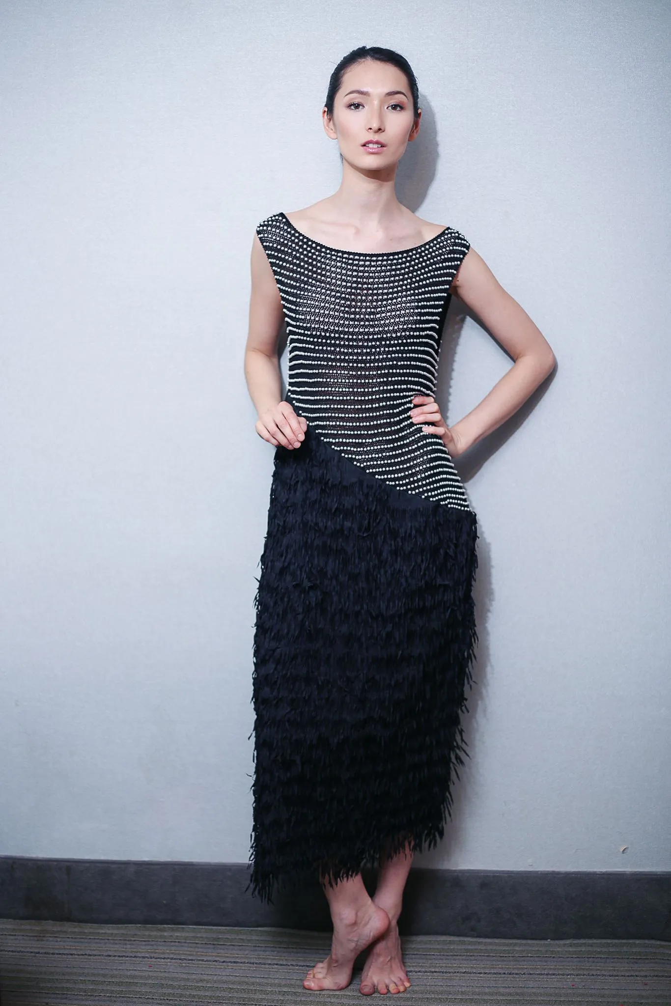 Hand Crocheted Tiny Faux Pearls and Fringe fabric made from recycled polyester Dress