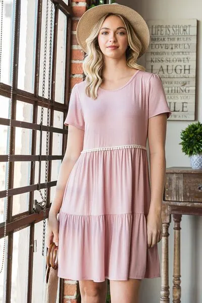 Hazel Blues® | Heimish Solid Mini Tiered Dress with Pompom Lace