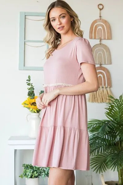 Hazel Blues® | Heimish Solid Mini Tiered Dress with Pompom Lace