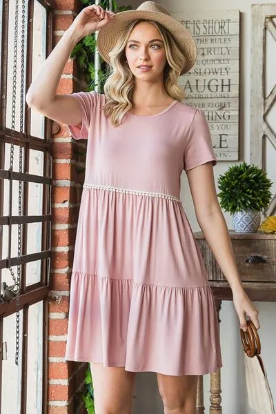 Hazel Blues® | Heimish Solid Mini Tiered Dress with Pompom Lace