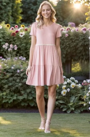 Hazel Blues® | Heimish Solid Mini Tiered Dress with Pompom Lace