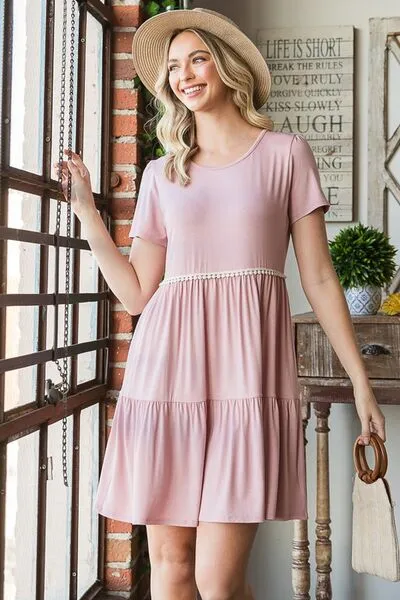 Hazel Blues® | Heimish Solid Mini Tiered Dress with Pompom Lace