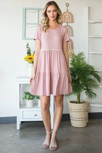 Hazel Blues® | Heimish Solid Mini Tiered Dress with Pompom Lace