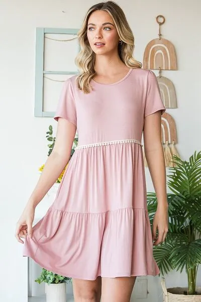 Hazel Blues® | Heimish Solid Mini Tiered Dress with Pompom Lace