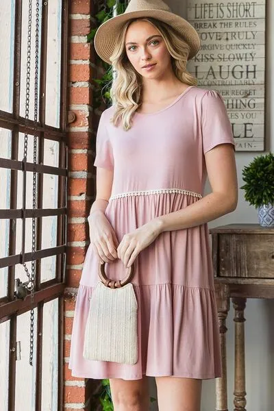 Hazel Blues® | Heimish Solid Mini Tiered Dress with Pompom Lace