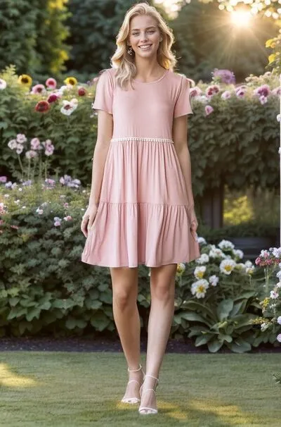 Hazel Blues® | Heimish Solid Mini Tiered Dress with Pompom Lace