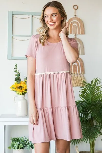 Hazel Blues® | Heimish Solid Mini Tiered Dress with Pompom Lace