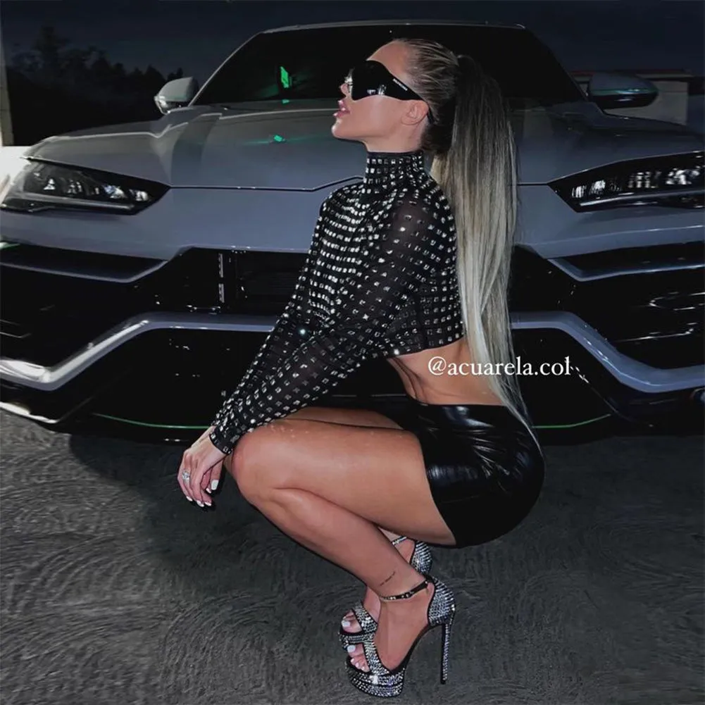 High Neck Diamente Embellished Bodycon Top HL9091