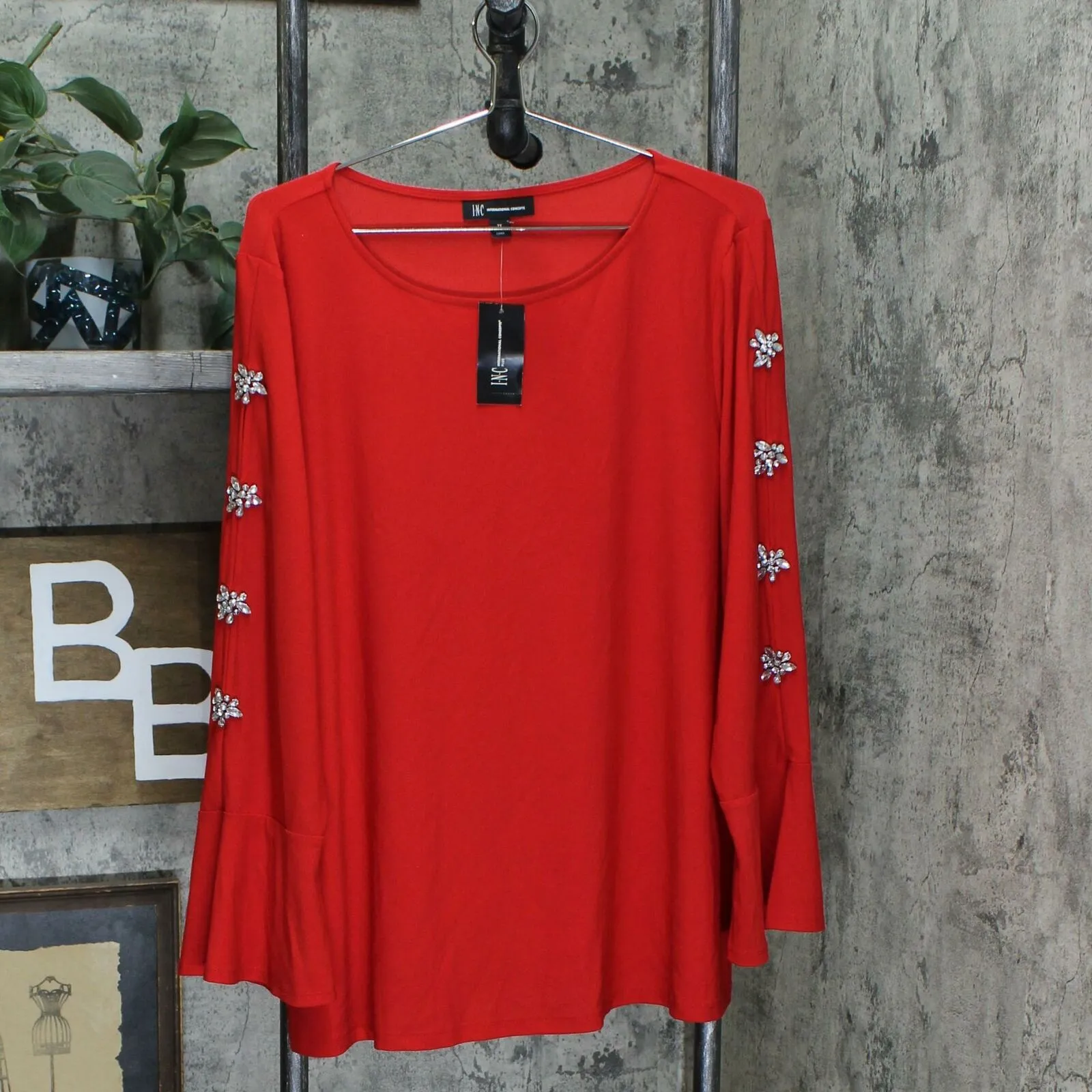 INC International Concepts Plus Embellished Bell Sleeve Knit Top