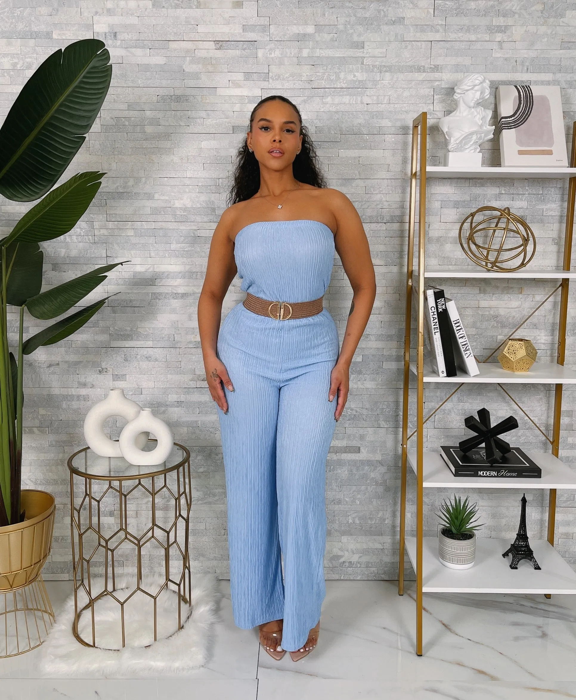 IRIS5JP - STRAPLESS BELTED WIDE LEG JUMPSUIT