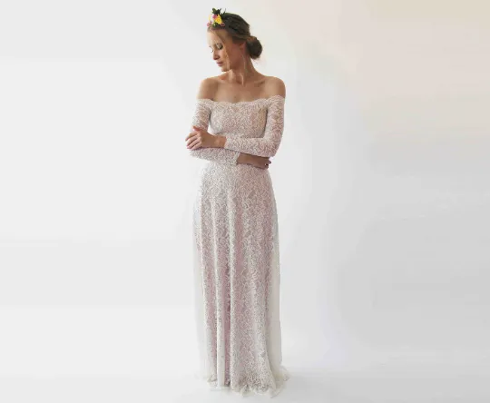 Ivory Blush Off Shoulder Wedding  Dress #1257
