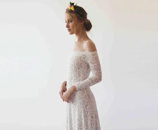 Ivory Blush Off Shoulder Wedding  Dress #1257