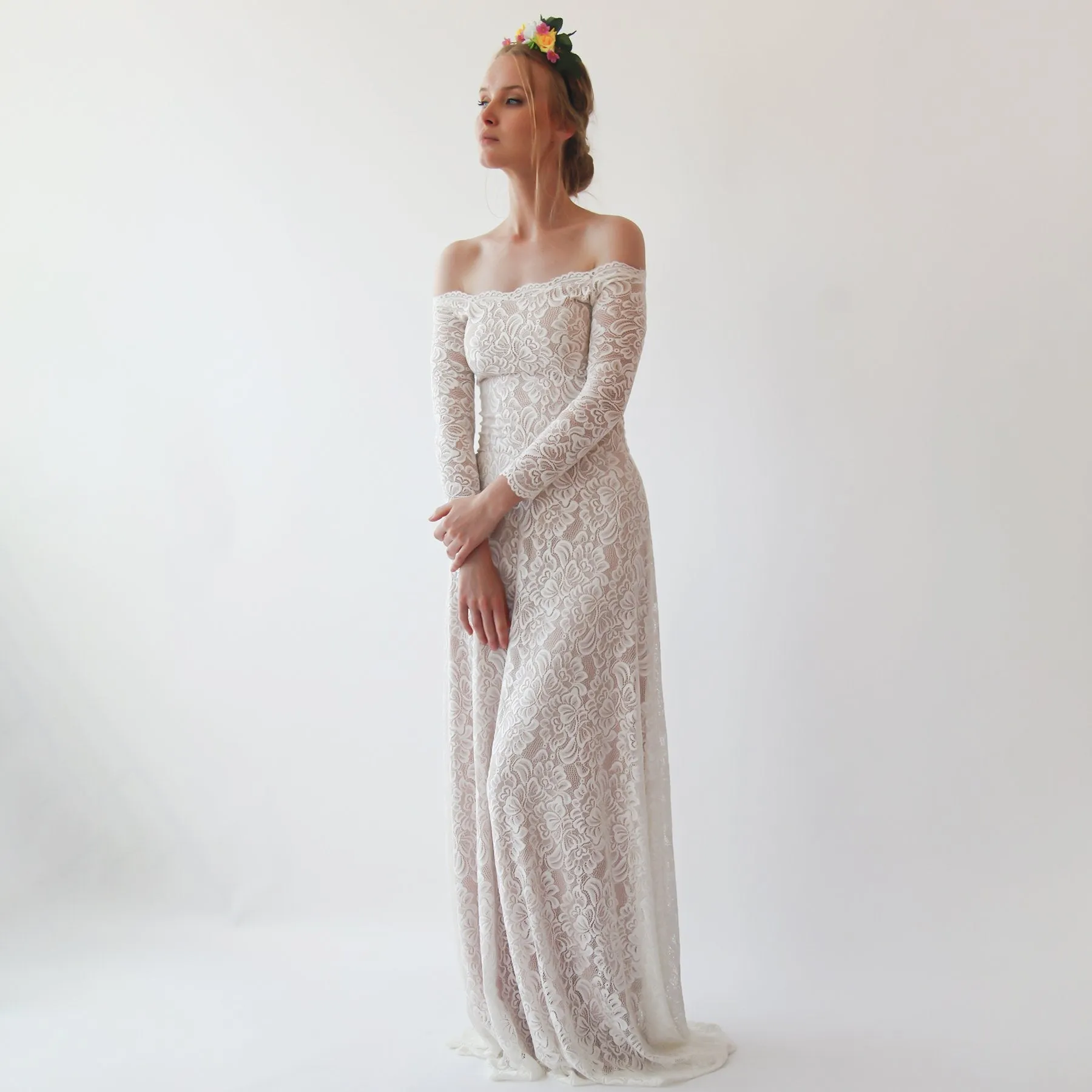 Ivory Blush Off Shoulder Wedding  Dress #1257