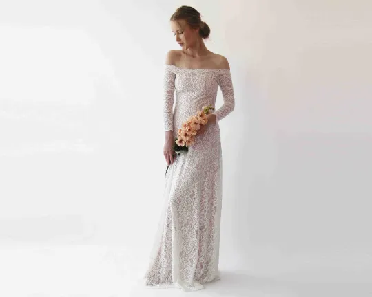 Ivory Blush Off Shoulder Wedding  Dress #1257
