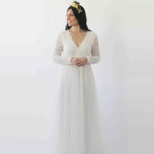 Ivory Lace Long Sleeves Wedding Dress with pockets  #1266