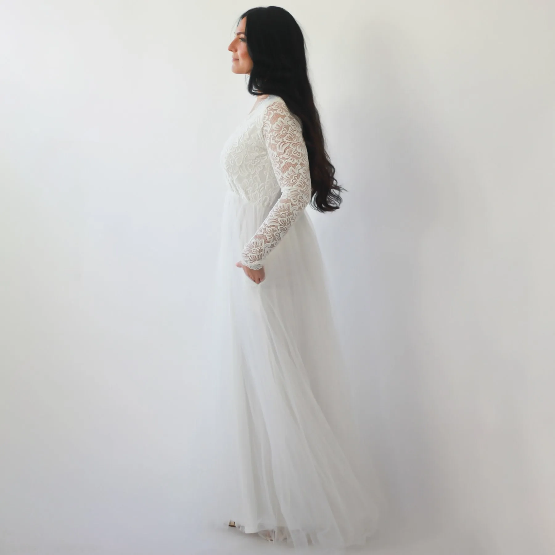 Ivory Lace Long Sleeves Wedding Dress with pockets  #1266