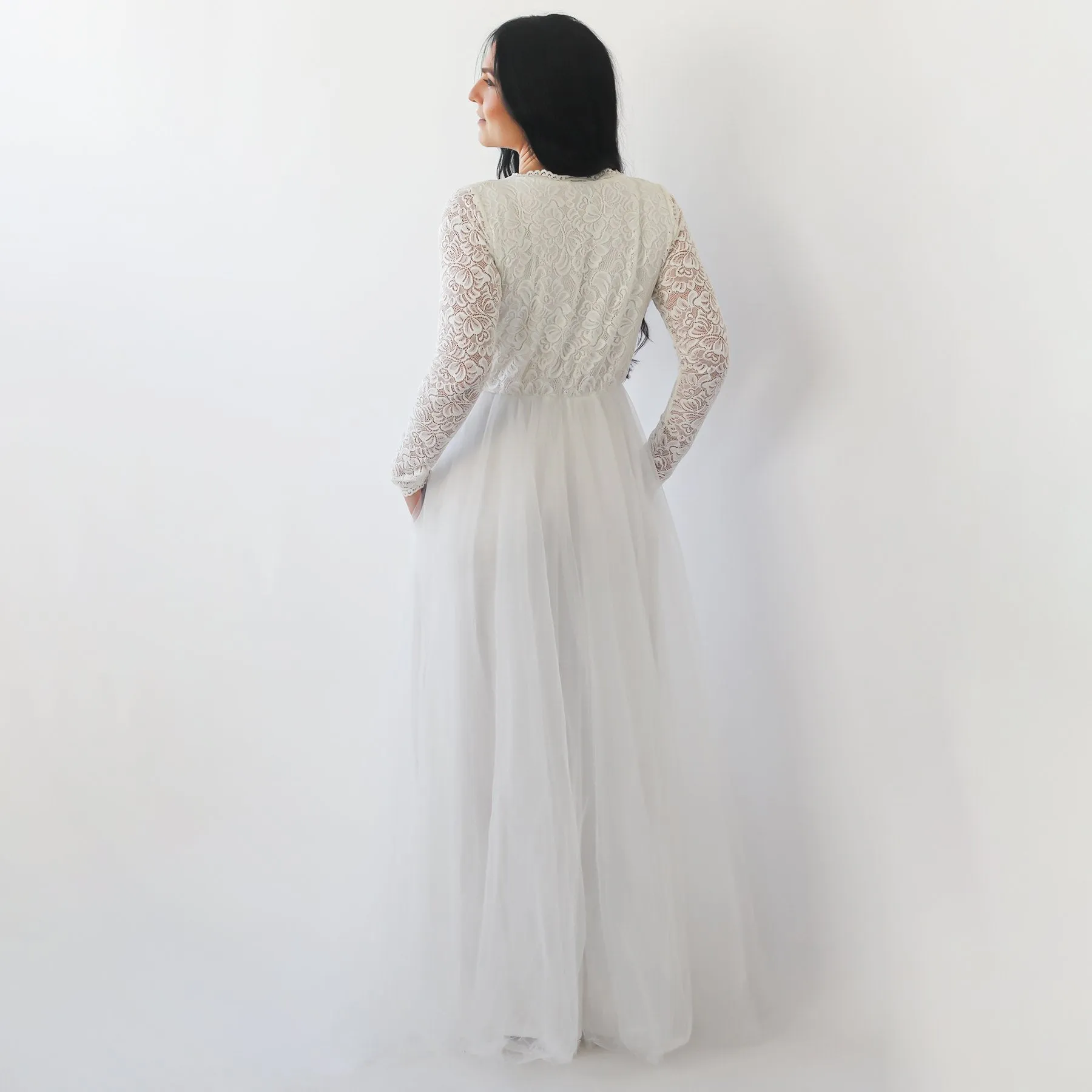 Ivory Lace Long Sleeves Wedding Dress with pockets  #1266