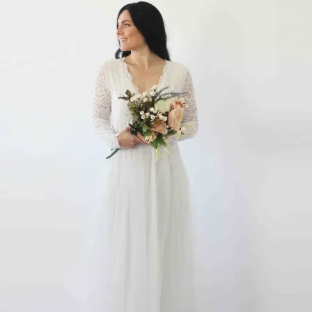 Ivory Lace Long Sleeves Wedding Dress with pockets  #1266
