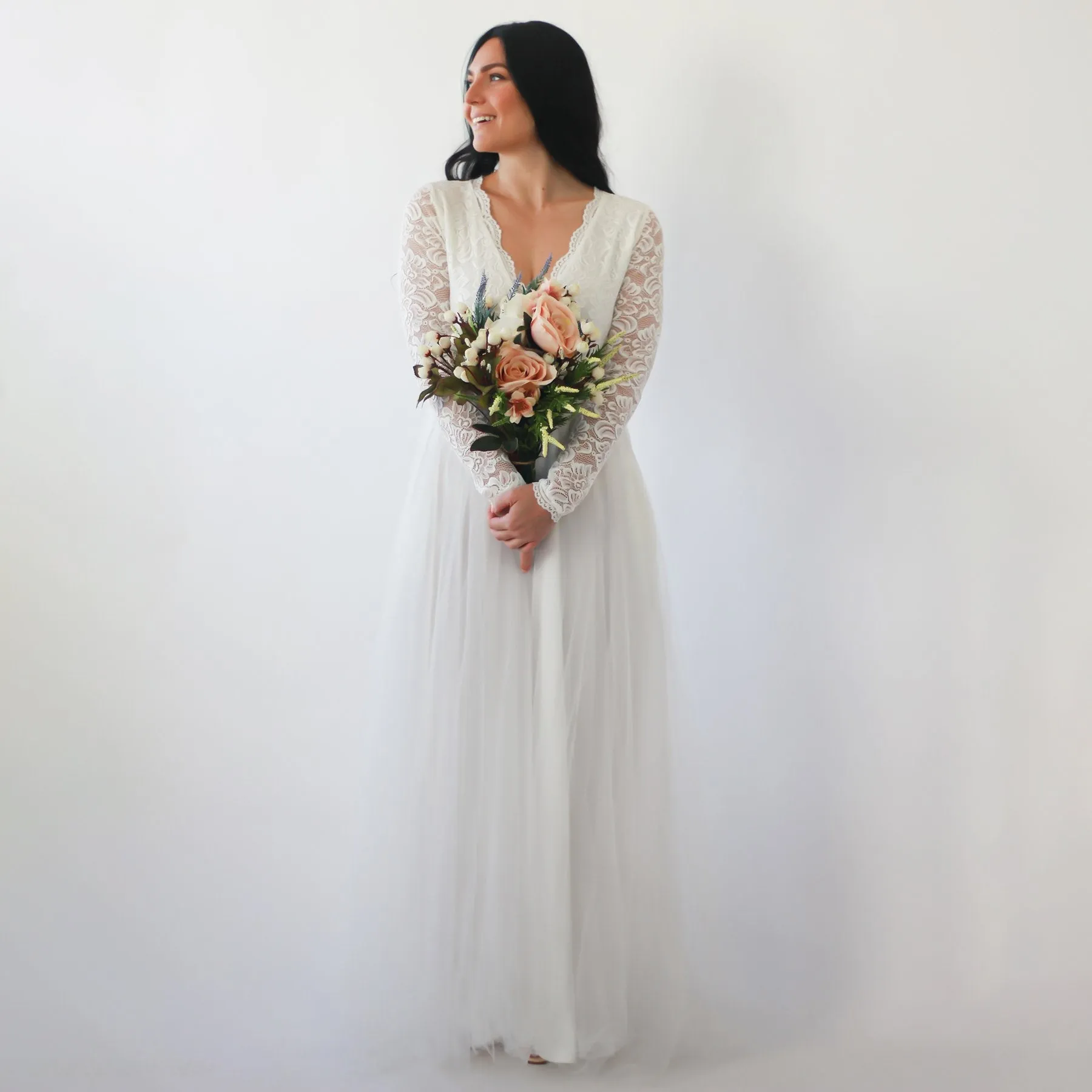 Ivory Lace Long Sleeves Wedding Dress with pockets  #1266
