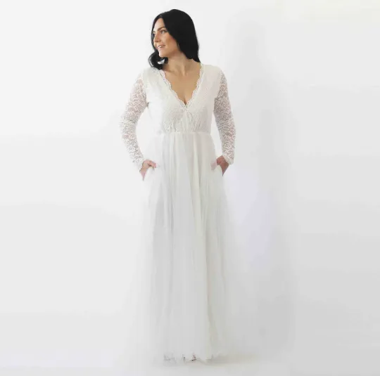 Ivory Lace Long Sleeves Wedding Dress with pockets  #1266