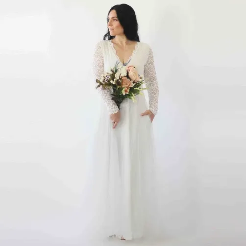 Ivory Lace Long Sleeves Wedding Dress with pockets  #1266
