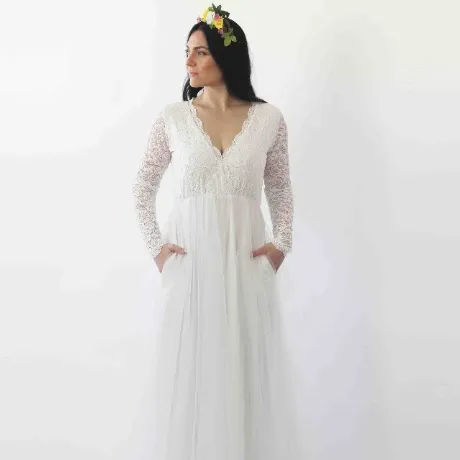 Ivory Lace Long Sleeves Wedding Dress with pockets  #1266