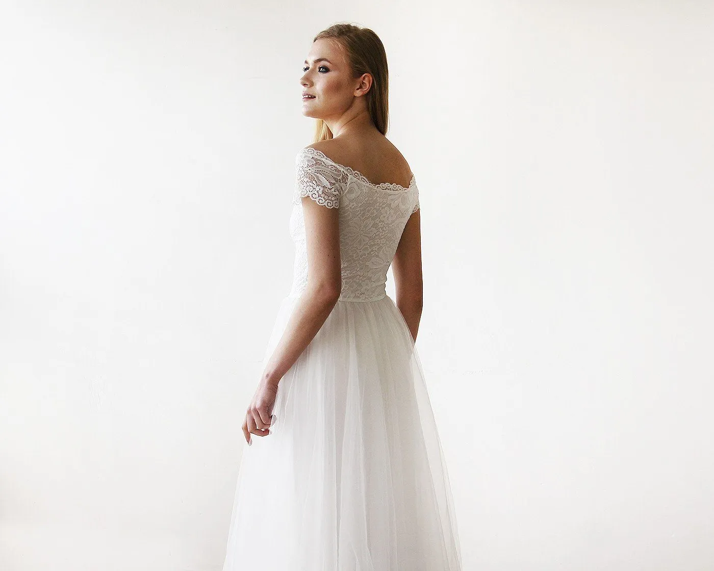 Ivory Off-The-Shoulder Short Sleeves Dress #1139
