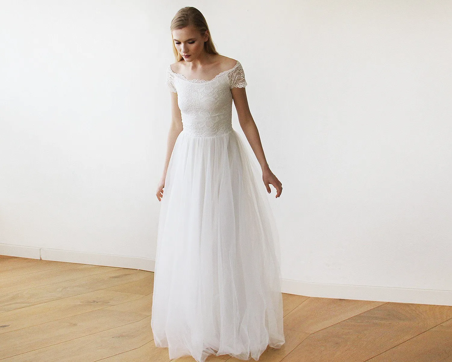 Ivory Off-The-Shoulder Short Sleeves Dress #1139