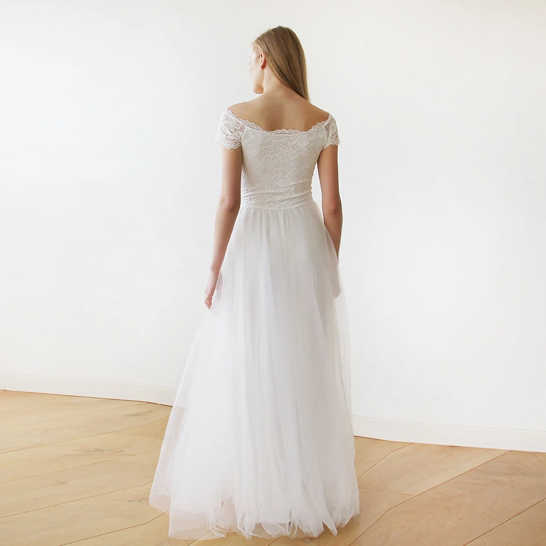 Ivory Off-The-Shoulder Short Sleeves Dress #1139